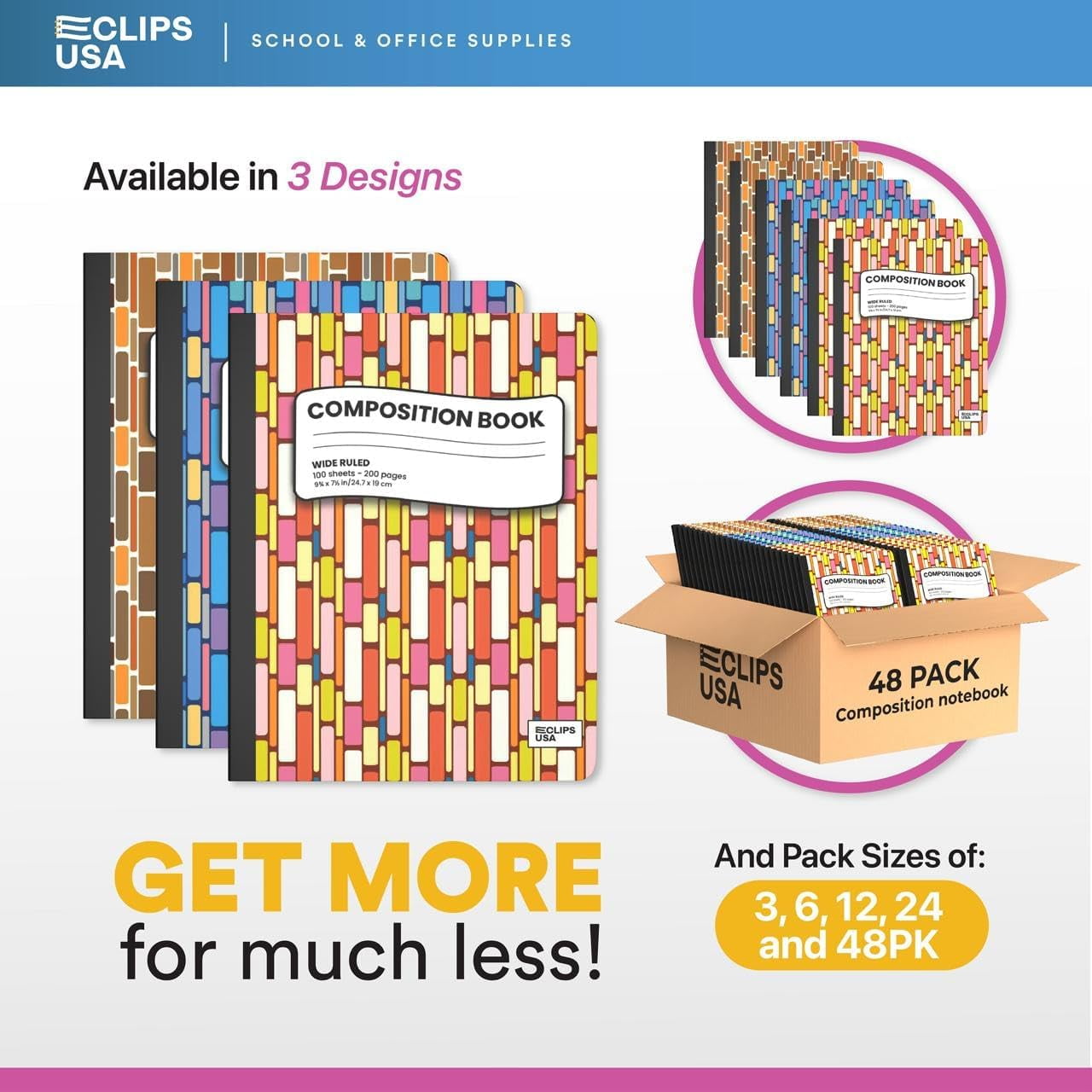 E-CLIPS USA Hard Cover Wide-Ruled Writing Paper Composition Notebooks with Geometric Design, 24-Pack
