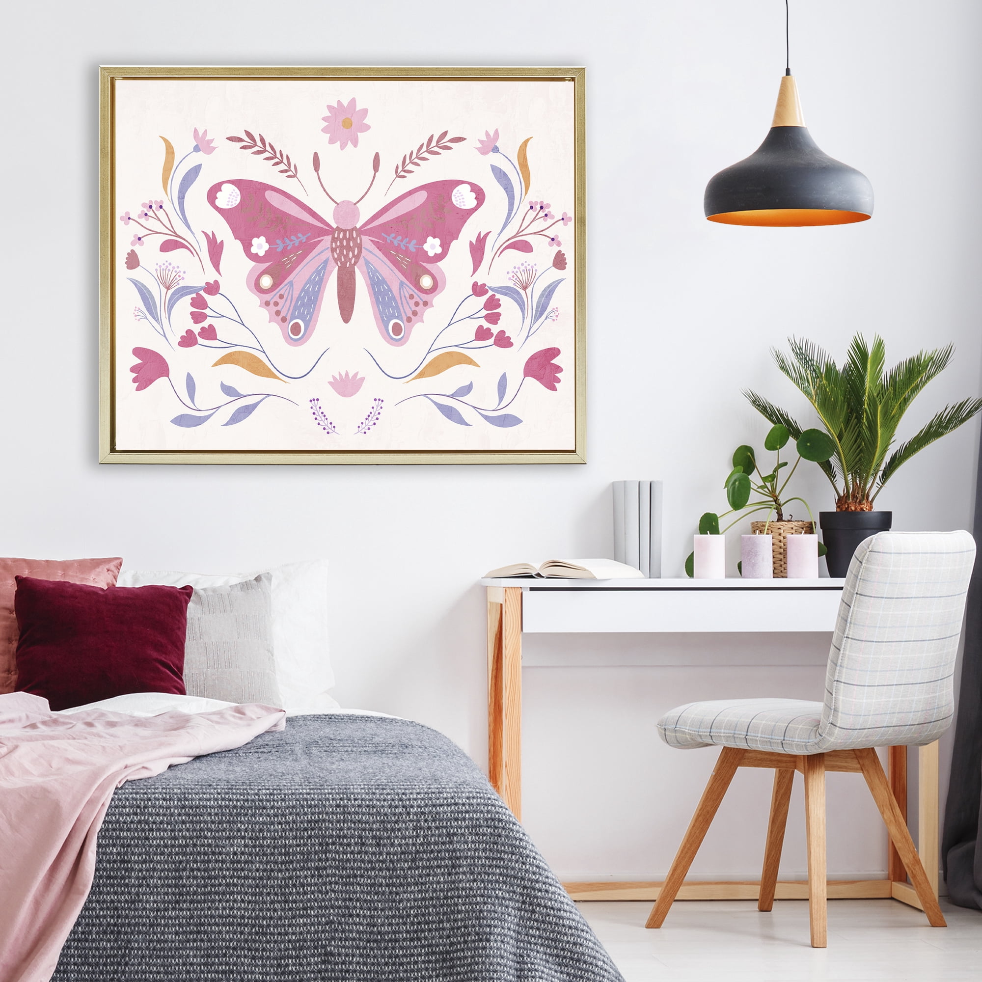 Stupell Industries Whimsical Folk Butterfly Gold Framed Floater Canvas Wall Art, design by Kim Allen