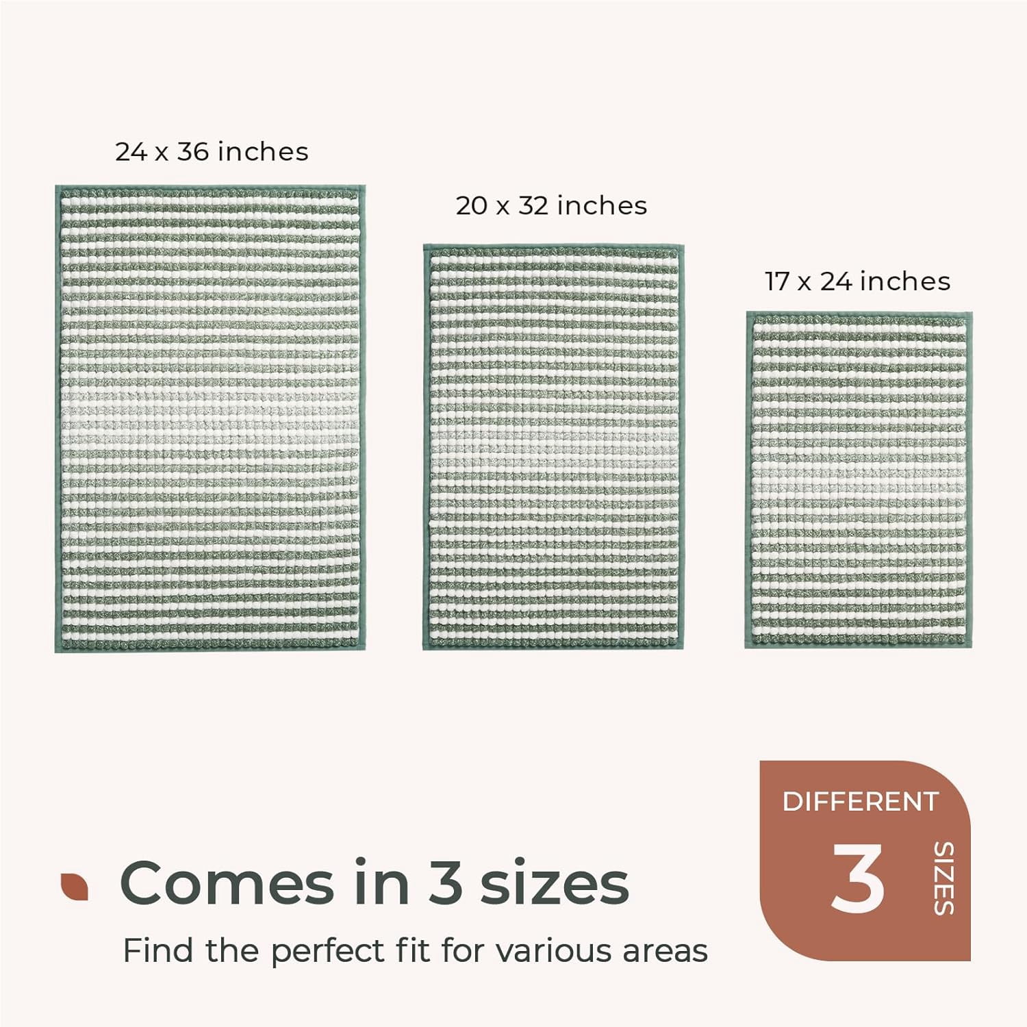 FRESHMINT Chunky Ombre Chenille Bathroom Rug 24''x36'', Large Water Absorbent Soft Bath Rugs for Bathroom Floor, Thick Non Slip Bath Mat Washable Quick Dry Shower Mats, Sage Green and White