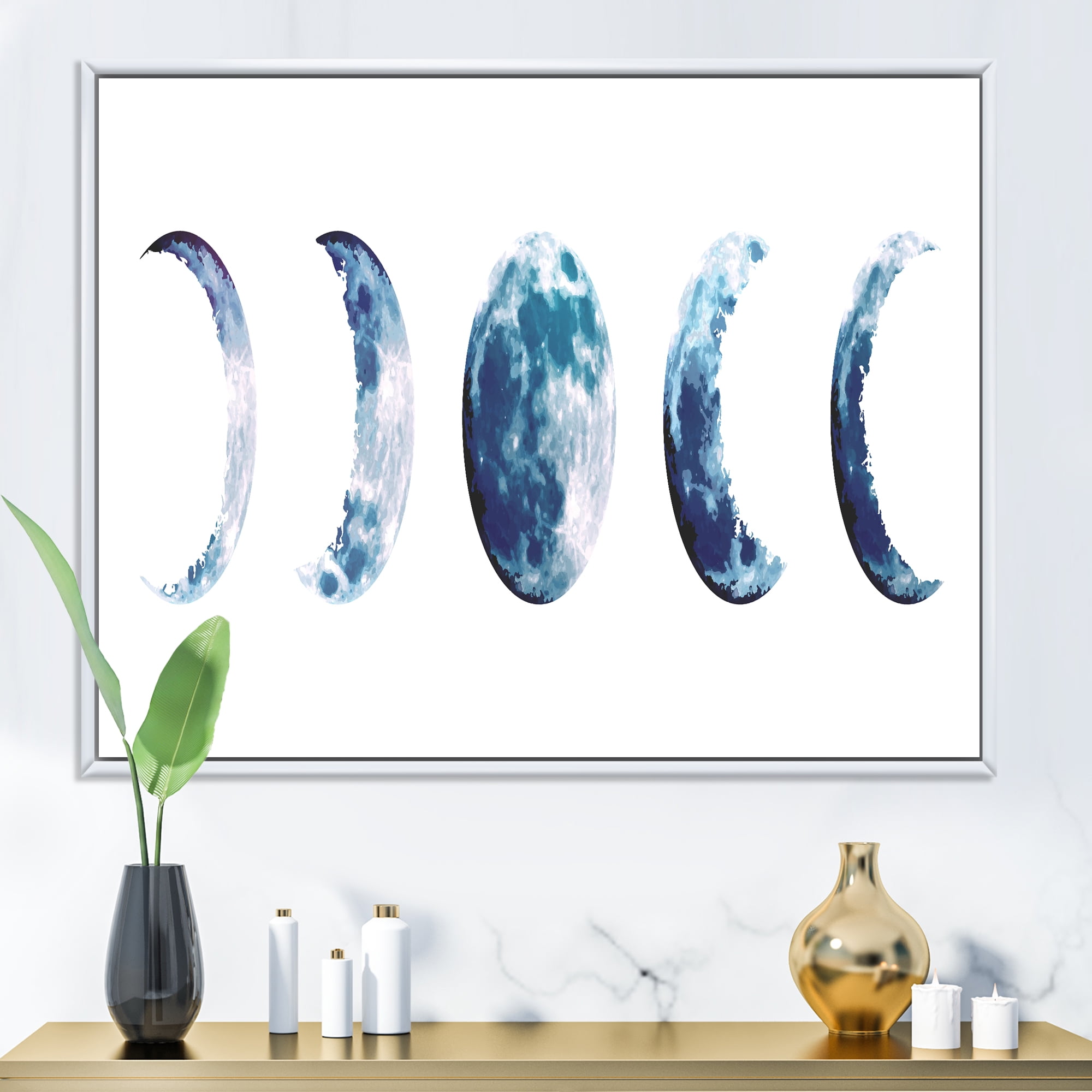 Designart 'Magic Blue Moon Phases On White' Bohemian & Eclectic Framed Canvas Wall Art Print
