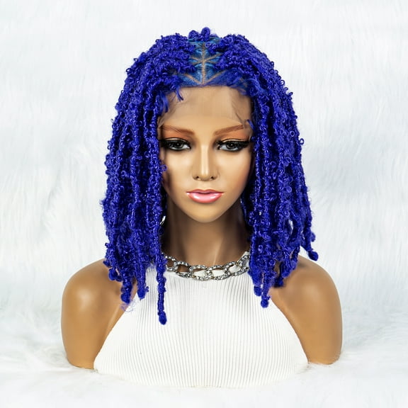 Blue Color Braided Wigs for Black Women Double Full Lace Knotless Box Short Bob Dreadlock Braided Wigs Synthetic Lace Front Braided Wigs with Baby Hair Handmade Braided Wigs 14 inches