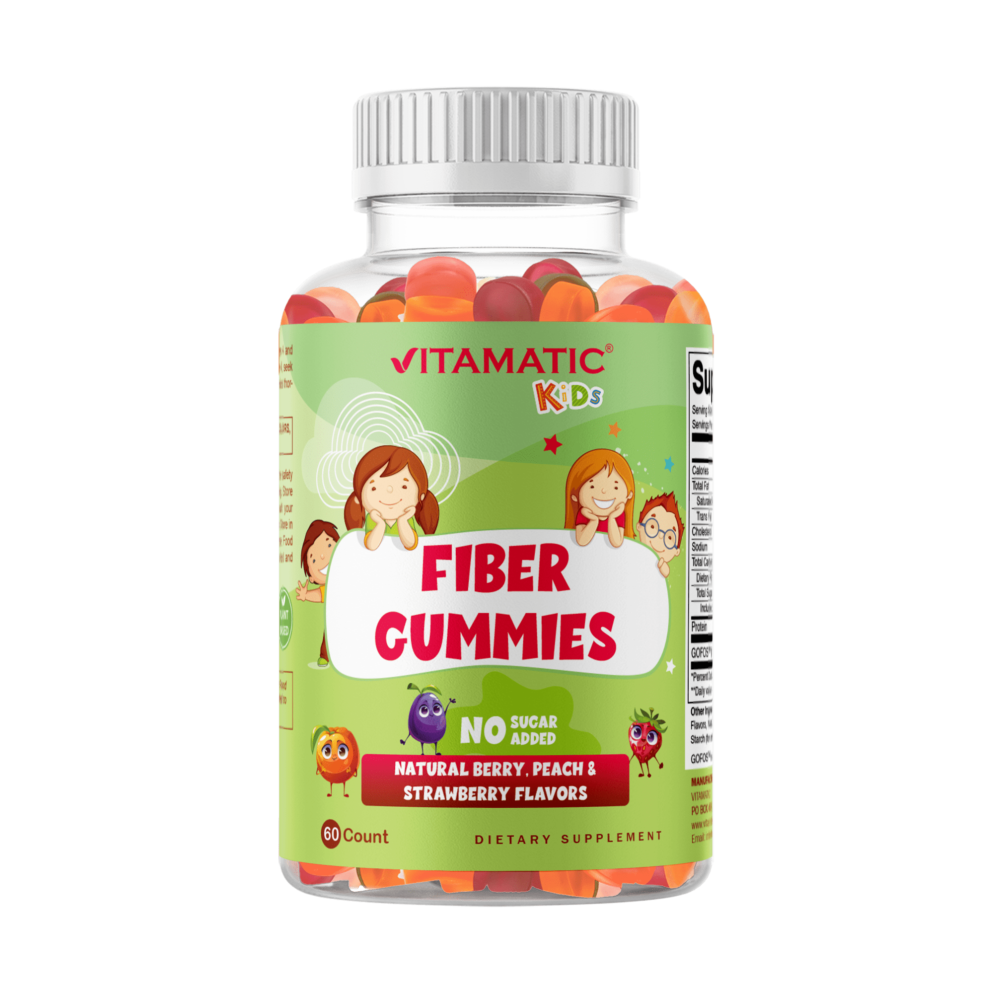 Vitamatic Kids Prebiotic Fiber Gummies for Adults - 4G Fiber Extra Strength - Zero Sugar Added - 60 Pectin Based Gummies - Digestive Health & Regularity Support