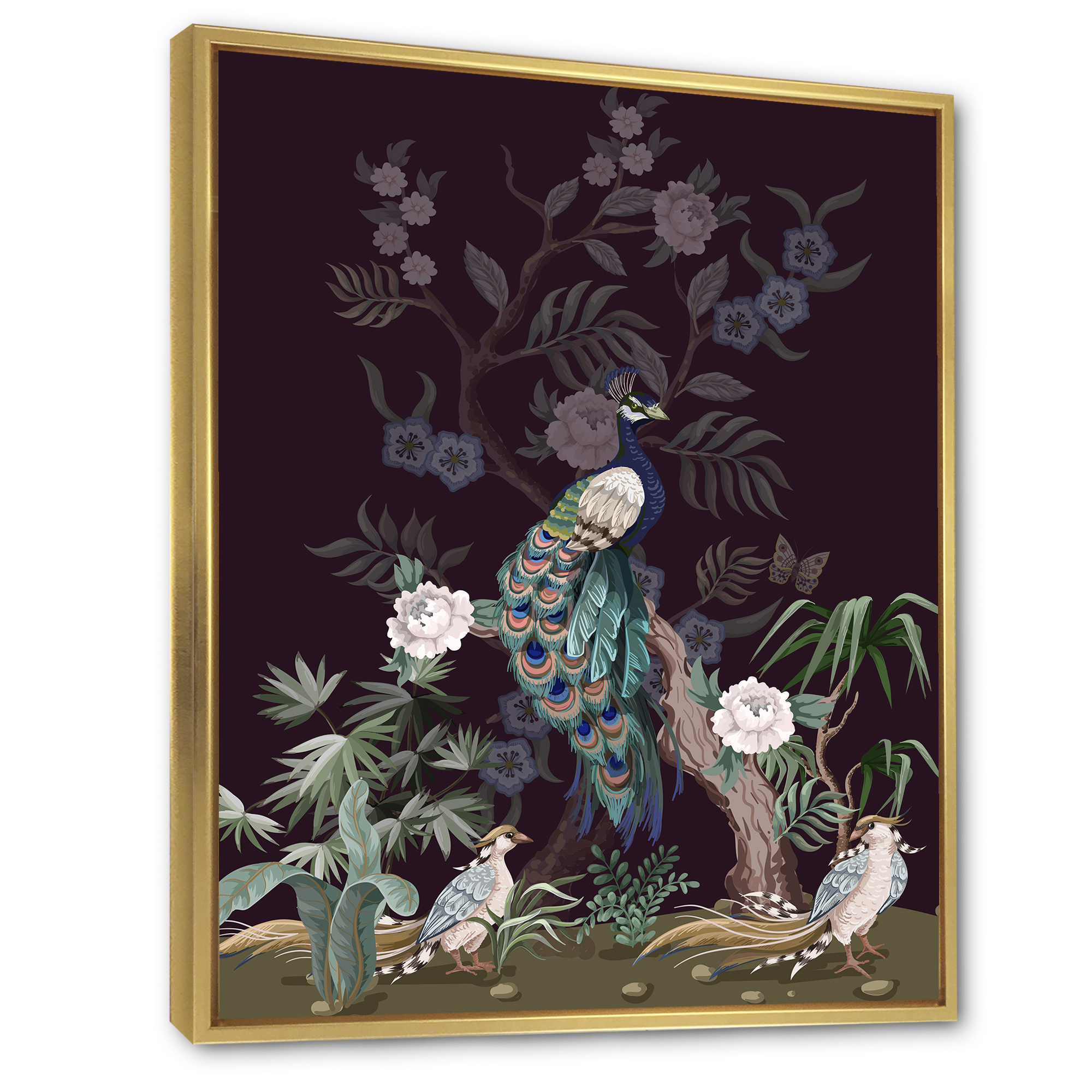 Designart 'Chinoiserie With Peonies and Birds V' Traditional Framed Canvas Wall Art Print