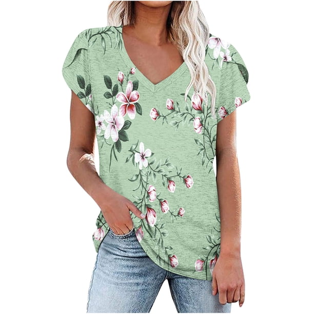 Camiseta de Manga Corta Suelta con Cuello en V Impresa, Blusa Casual para el Hogar Y el Uso Diario