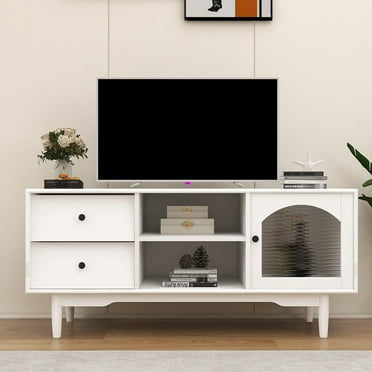 47" Entertainment Center with Glass Door Cabinet, White TV Stand for 45/50/55 inch TV with Drawers and Open Shelves, Wood TV Stands for Living Room