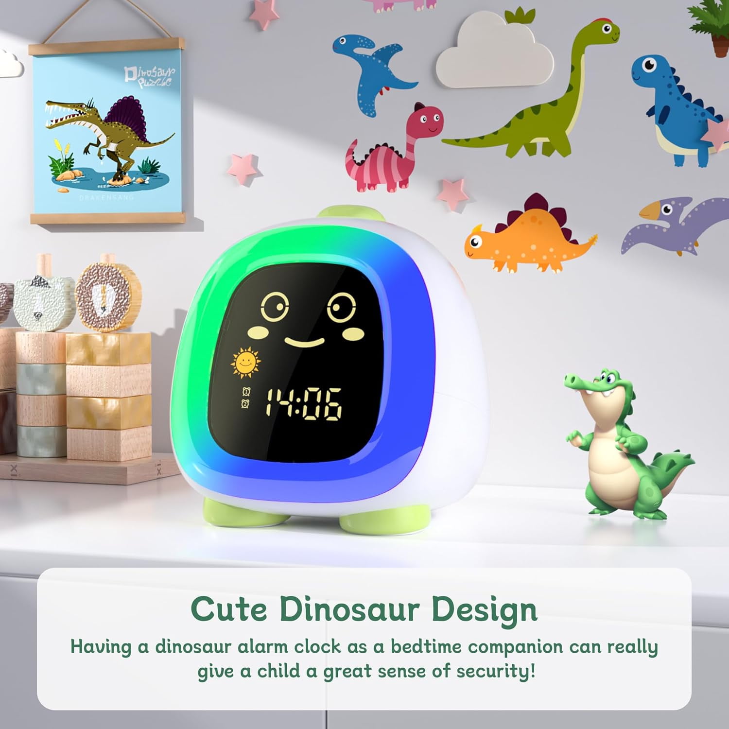 Kids Alarm Clock with OK to Wake Light, Sleep Training Clock with Cute Dinosaur Night Light for Bedroom, Toddler Stay-in-Bed Clock, Birthday Gift for Boys and Girls