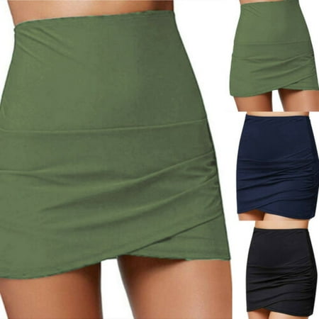 US Women High Waist Swim Bottoms Beach Swimsuit Hem Drawstring Bikini Skirt