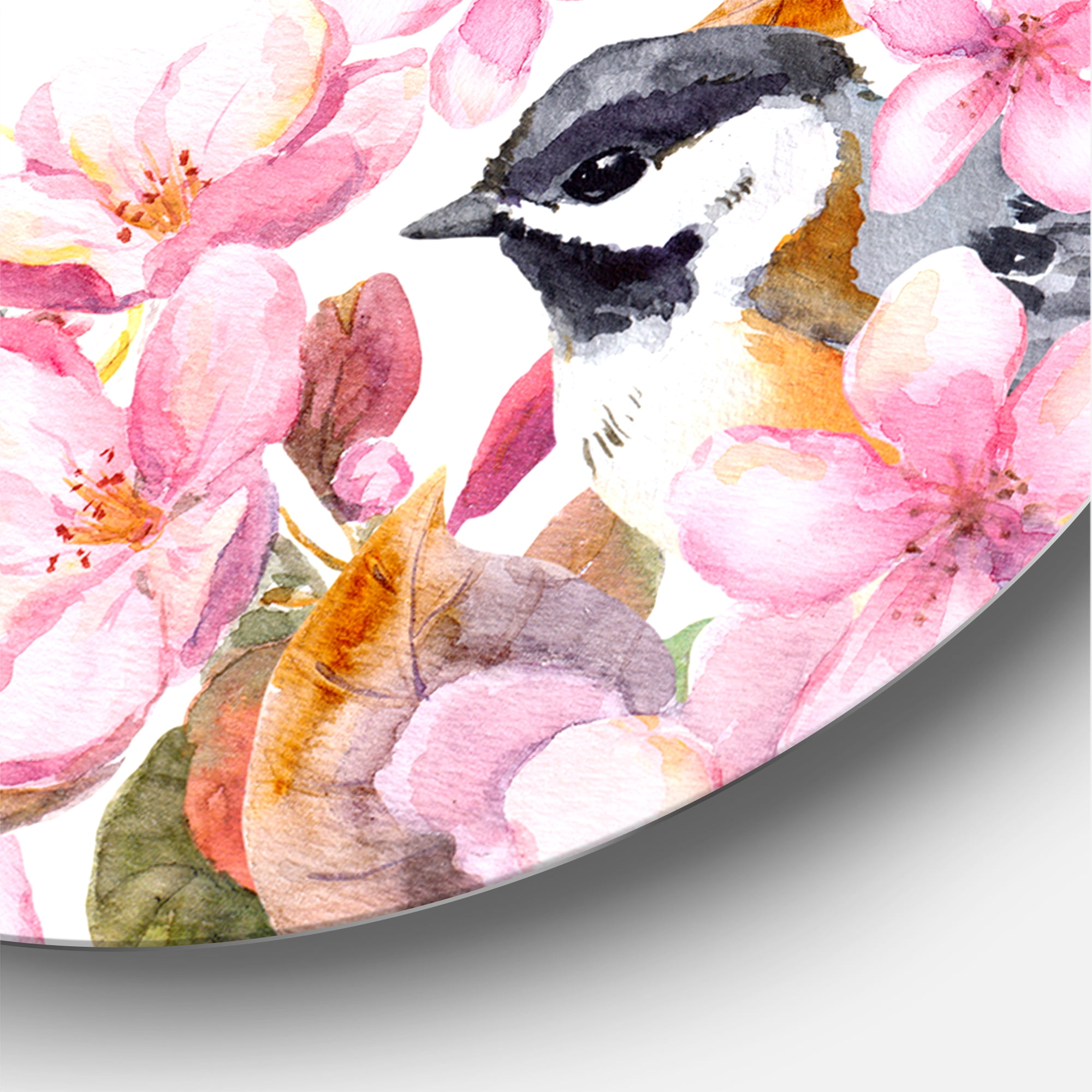 Designart 'Tea Cup Birds and Pink Flowers' Traditional Circle Metal Wall Art 29x29 - Disc of 29