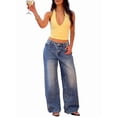 thumbnail image 2 of Women Y2k Low Rise Baggy Jeans Loose Fit Boyfriend Straight Wide Leg Jeans Trendy Stretch Long Denim Pants Blue XL, 2 of 9