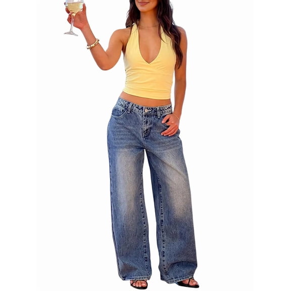 Women Y2k Low Rise Baggy Jeans Loose Fit Boyfriend Straight Wide Leg Jeans Trendy Stretch Long Denim Pants Blue XXL