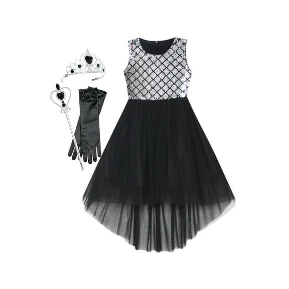 Girls Dress Black Hi-low Magic Wand Princess Crown Dress Up Costume 7 Years