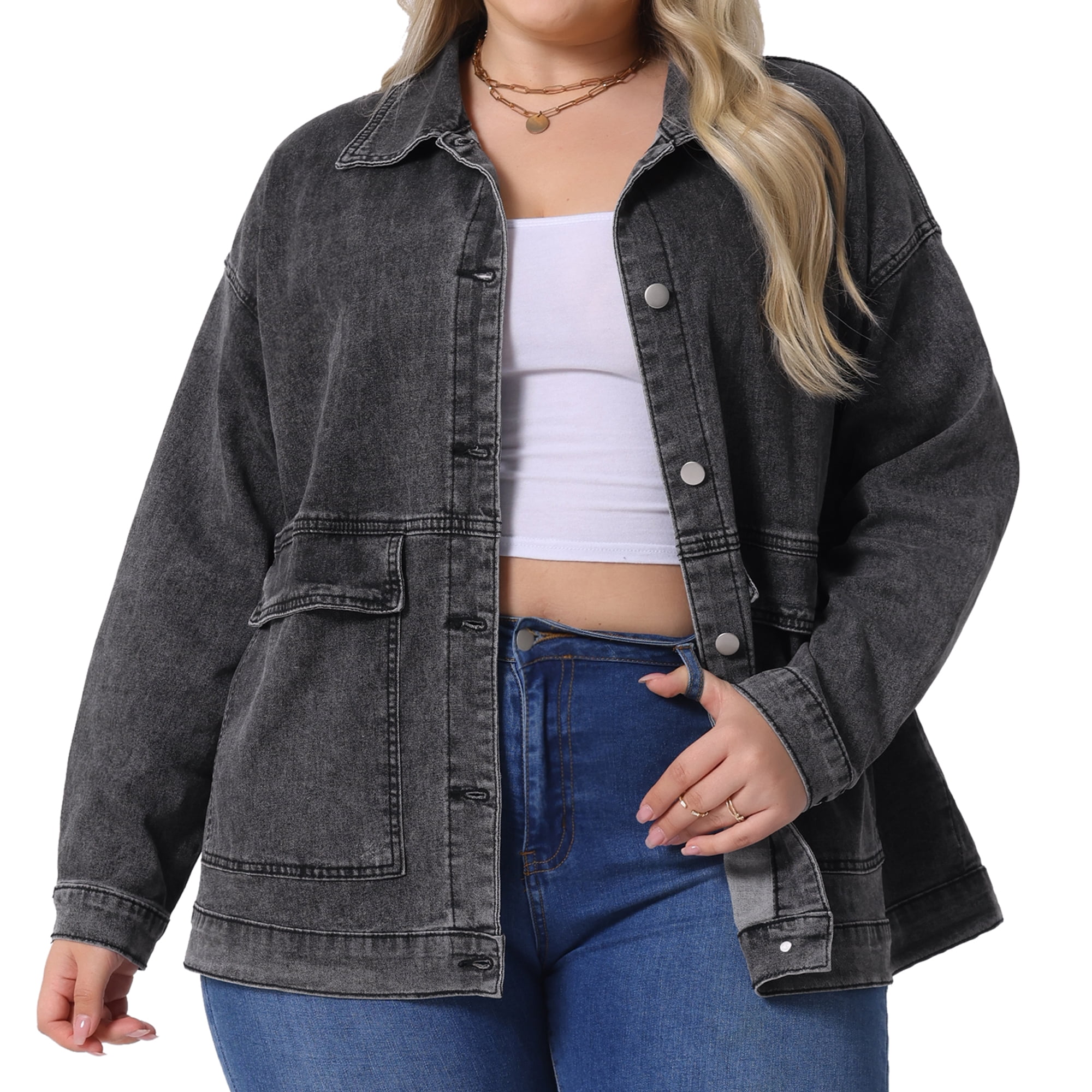 DARING DIVA Women's Plus Long Sleeve Vintage Denim Jacket 3X Dark Gray