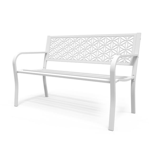 Ktaxon Outdoor Bench, Mental Bench with Floral Back, 2-Person Garden Bench for Outside Yard Patio Entryway Park Porch, 800LBS, White