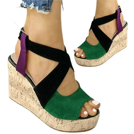 

Women s Summer Sandals High Heel Cloth Strappy Vintage Peep Toes Shoes 38 Green