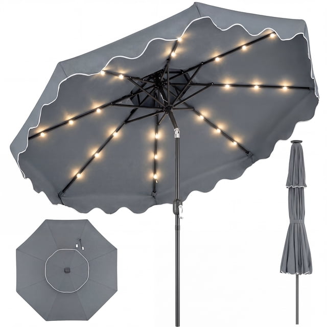 Costway 9 FT Solar LED Patio Umbrella, Push-Button Tilt & Crank, 24 LED Lights & 8 Ribs Gray