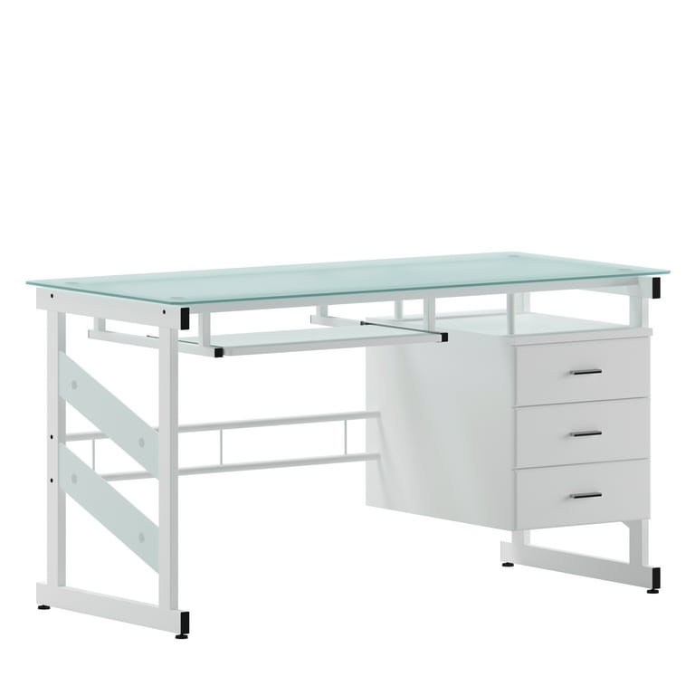 White glass top desk with deals drawers