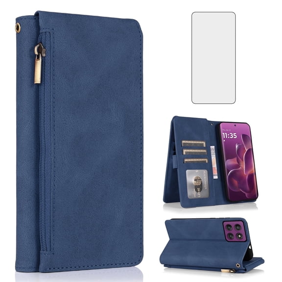 Asuwish Wallet Kickstand Hard Shell Cell Phone Case with Tempered Glass Screen Protector for Motorola Moto Edge 60 Pro 5G, Blue