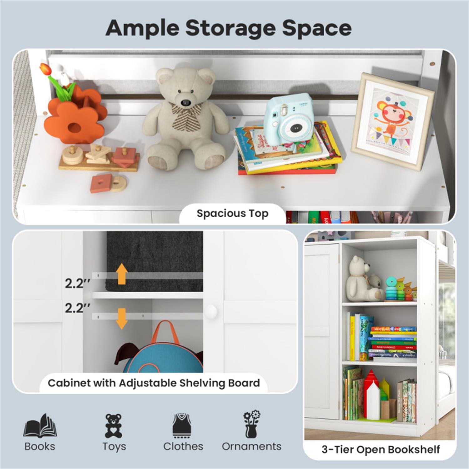 Demi Bonn Twin Over Twin Bunk Bed with Convertible Bookcase and Safety Guardrails, Twin Bunk Beds, Space-saving Solid Wood Bed Frame, White