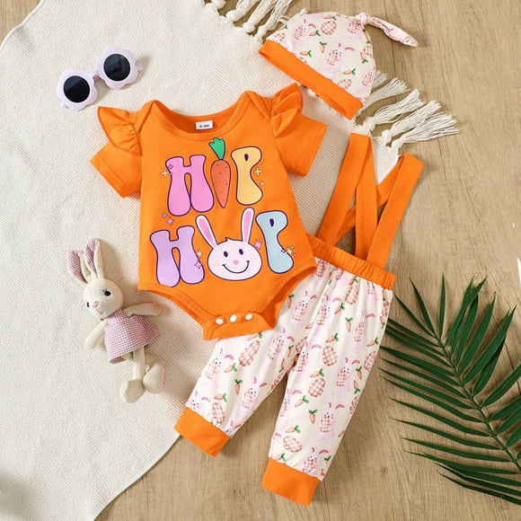 Hfolob Toddler Girl Clothes Outfits Easter Infant Short Sleeve Cartoon Prints Romper Bodysuit Suspender Pants With Hats Cute 2 Piece Outfits 12-18 Months