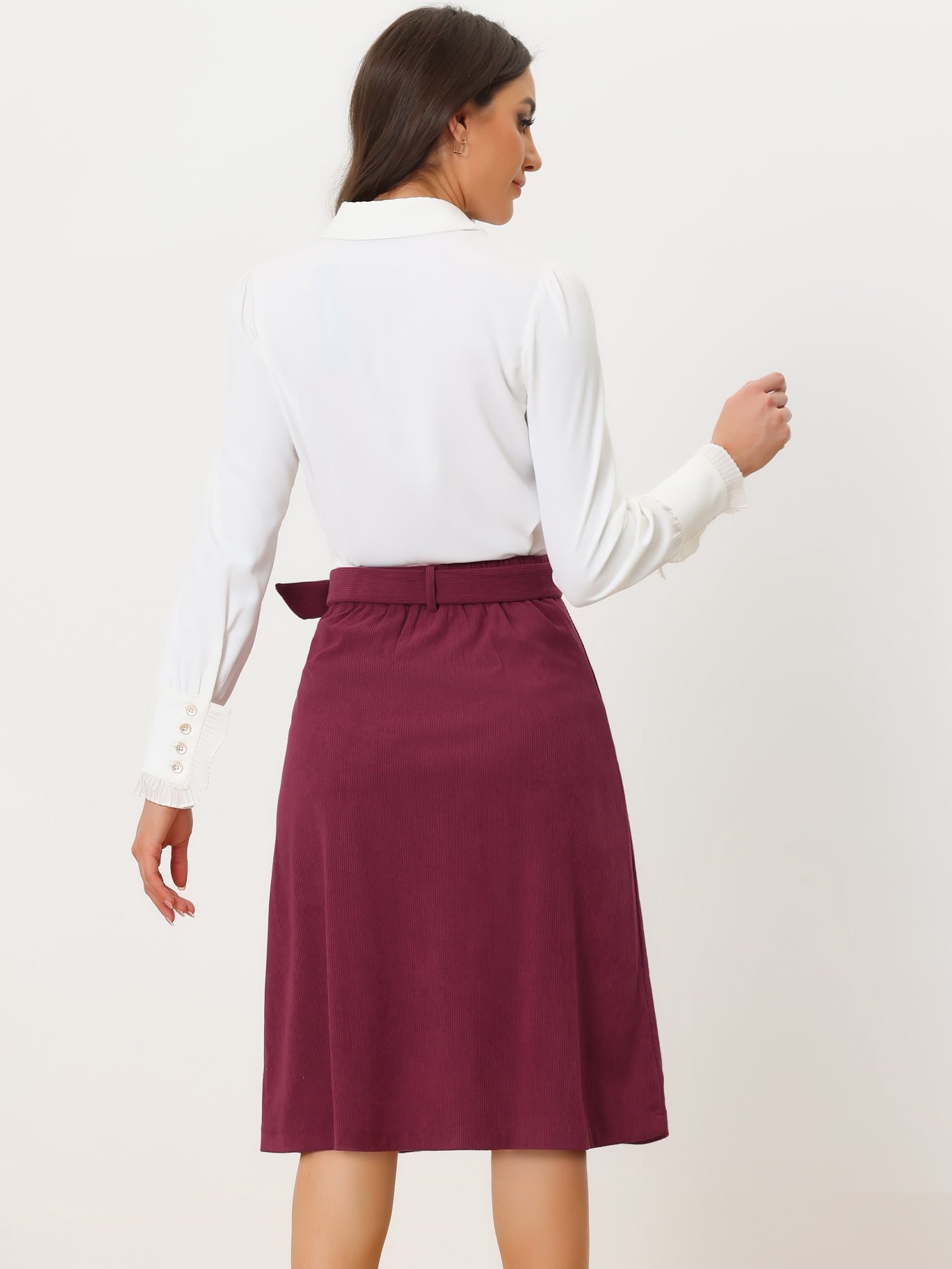DARING DIVA Women's A-Line Belted Fall Midi Corduroy Skirt S Burgundy
