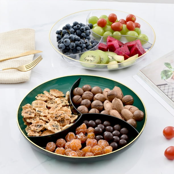 Bandeja de 3 compartimentos para frutas y aperitivos - bandeja de plástico de 10x10 pulgadas con patas antideslizantes, blanco y verde, para mesa de centro, fiestas y salón