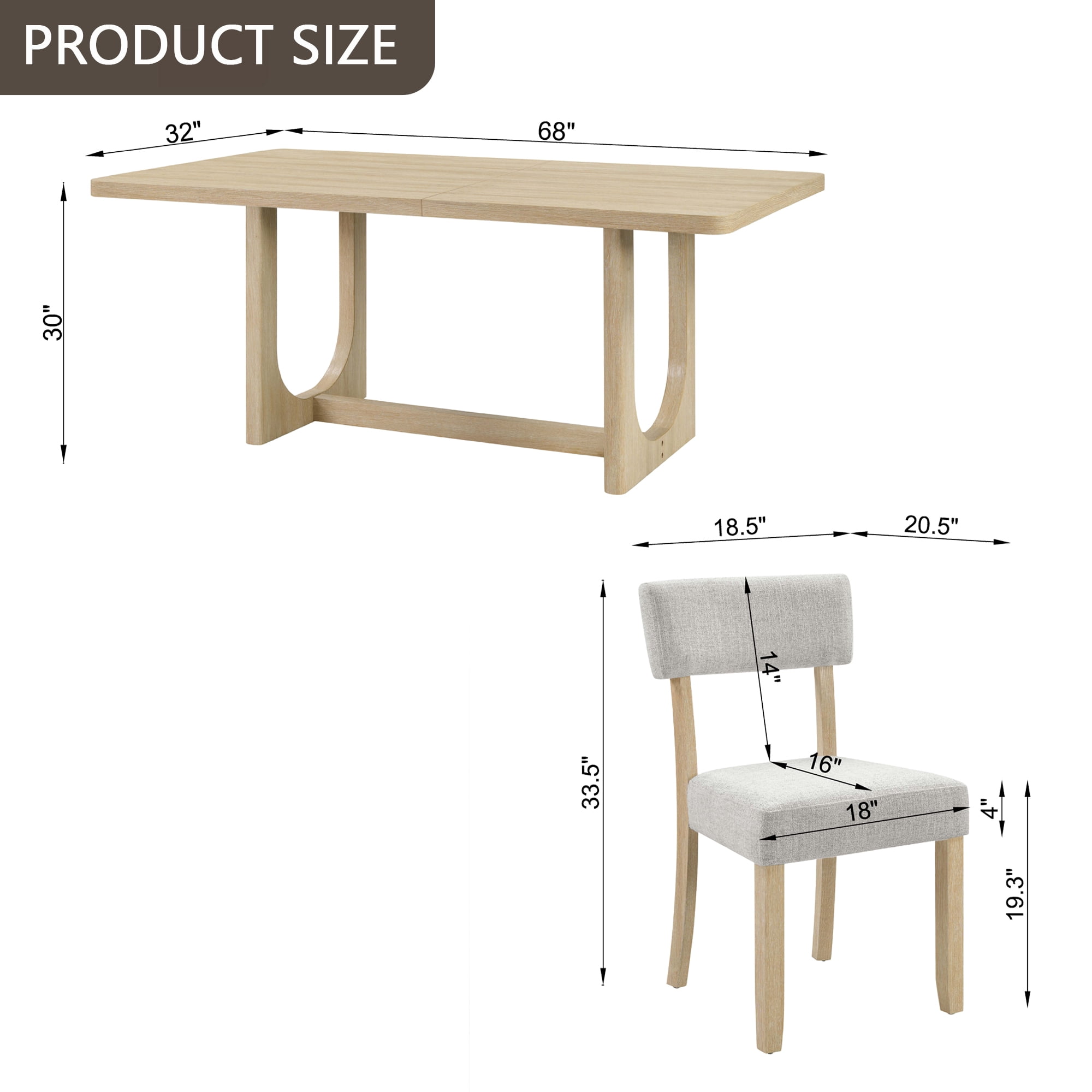 Gewnee 7-Piece Dining Table & Chairs Set for 6,68" U-Shaped Base Rectangular Table with 6 Linen Upholstered Chairs,Farmhouse Kitchen Table Set for Dining Room.Light Oak