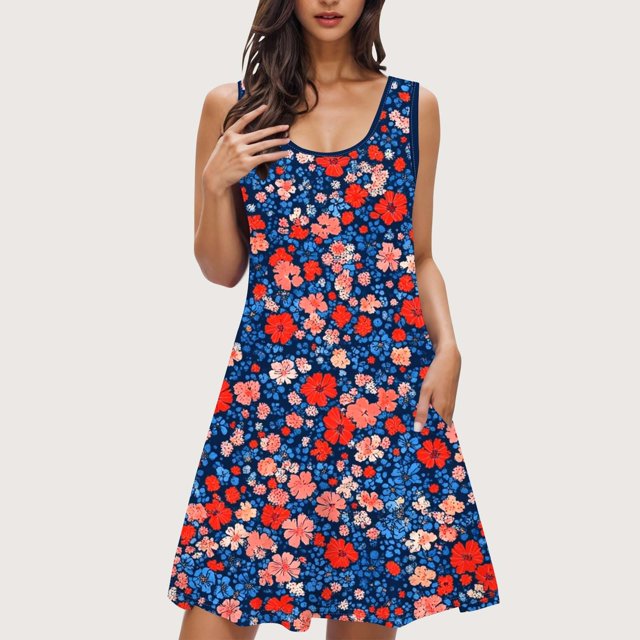Ovzne Robes pour Femmes Robe d'Été Femmes Imprimé avec Poches Chemises de Nuit Sans Manches Vêtements de Nuit Chemise de Nuit Col Rond Robe de Printemps Imprimée Liquidation