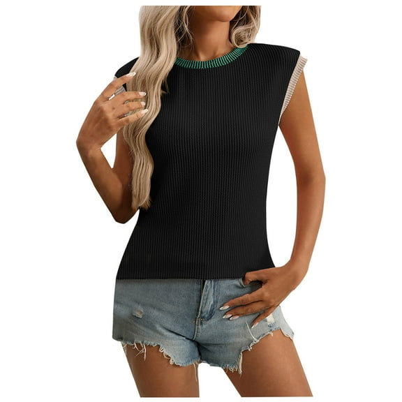 CYRBOKO Tank Tops for Women, Summer Knitted Crew Neck Soft Sleeveless top Black Size L