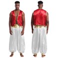 thumbnail image 3 of Disfraz de Príncipe árabe indio para hombre, chaleco antimanchas, chaleco curvo con ribete dorado brillante, frente abierto, pantalones largos con farol, 3 of 5