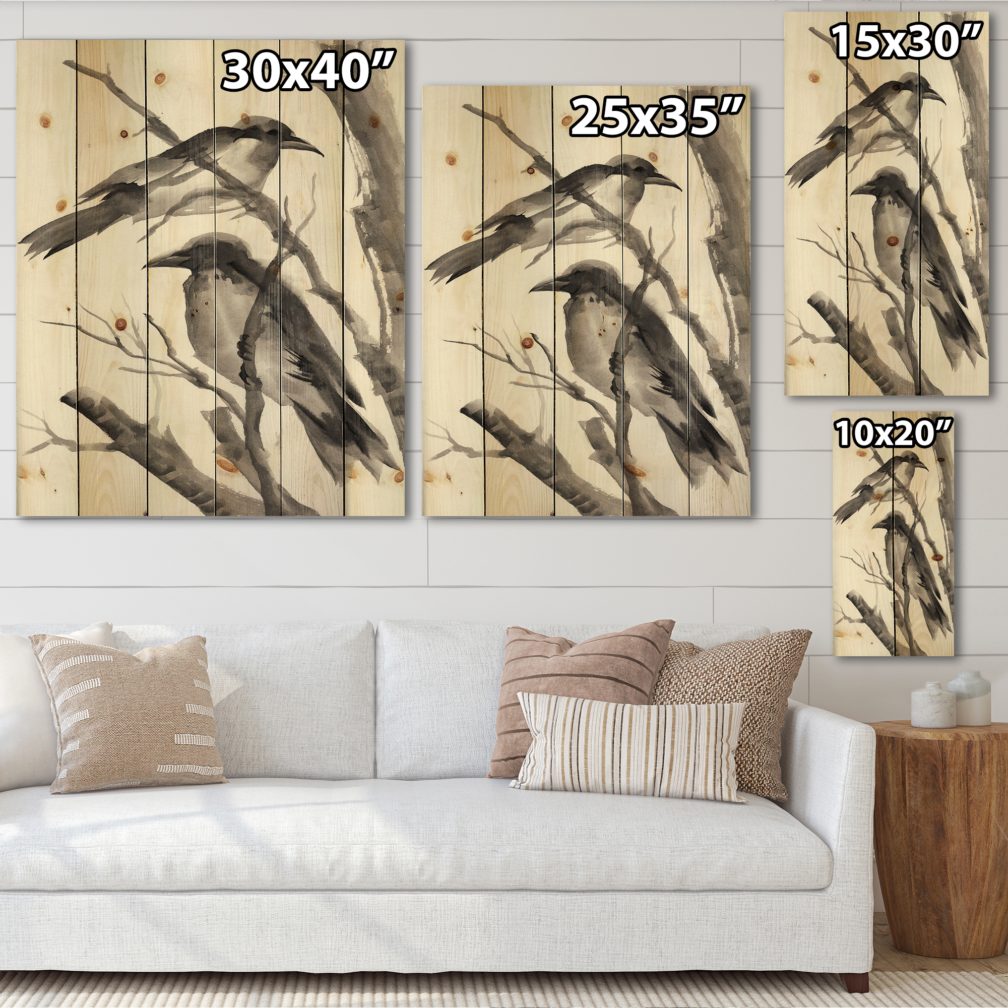 Designart 'Vintage Black and White Sleeping Crows' Traditional Print on Natural Pine Wood