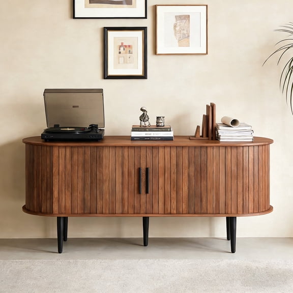 47" Mid-Century Modern TV Stand with Sliding Door, Walnut Media Console with Storage for Living Room Bedroom Office