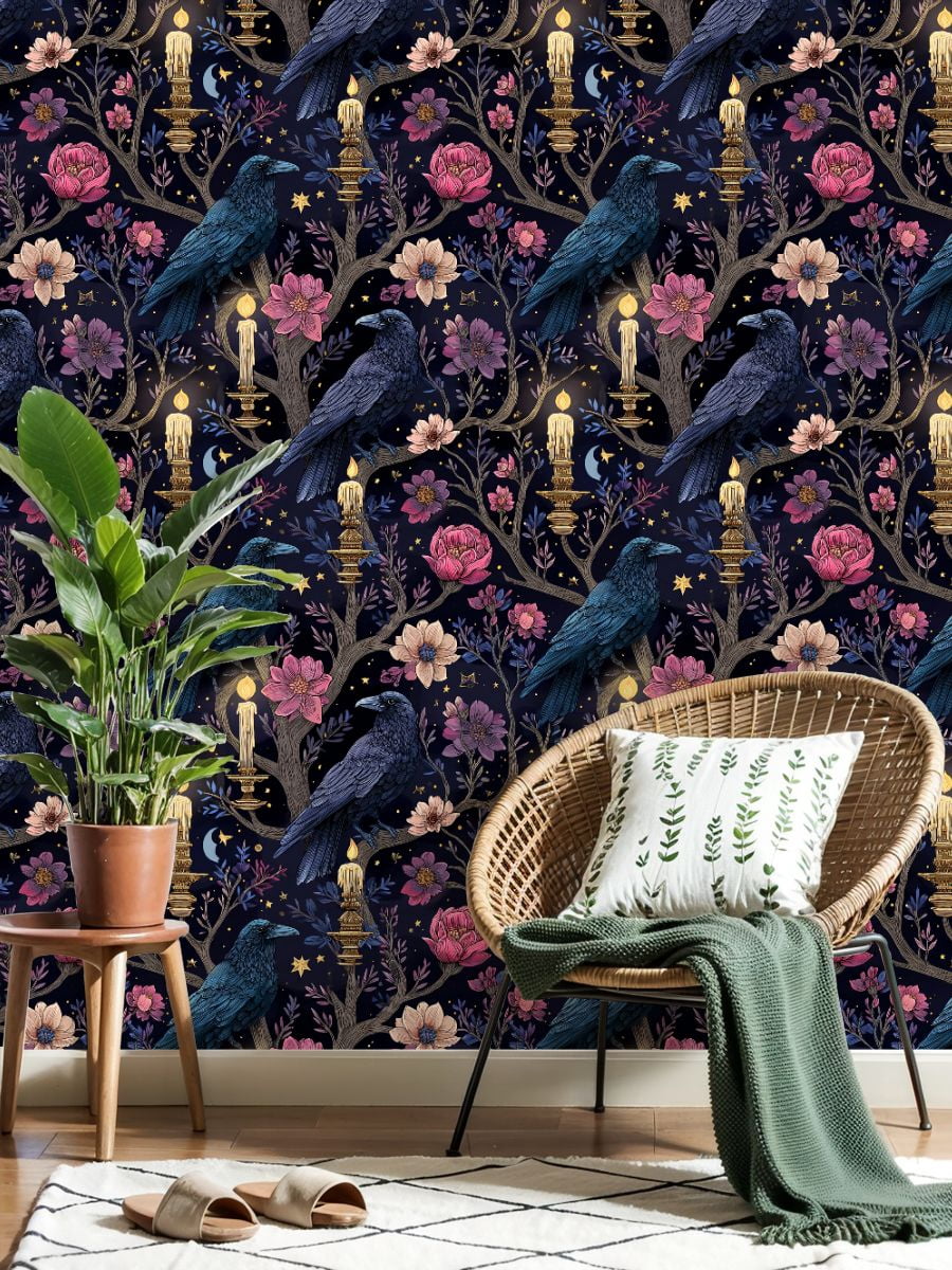 Peel and Stick Wallpaper Raven Floral Candles Starry Night Wall Mural 23.6in x 9.8ft Self Adhesive Removable Wall Paper Renter Friendly Wallpaper for Nursery Bedroom Cabinets