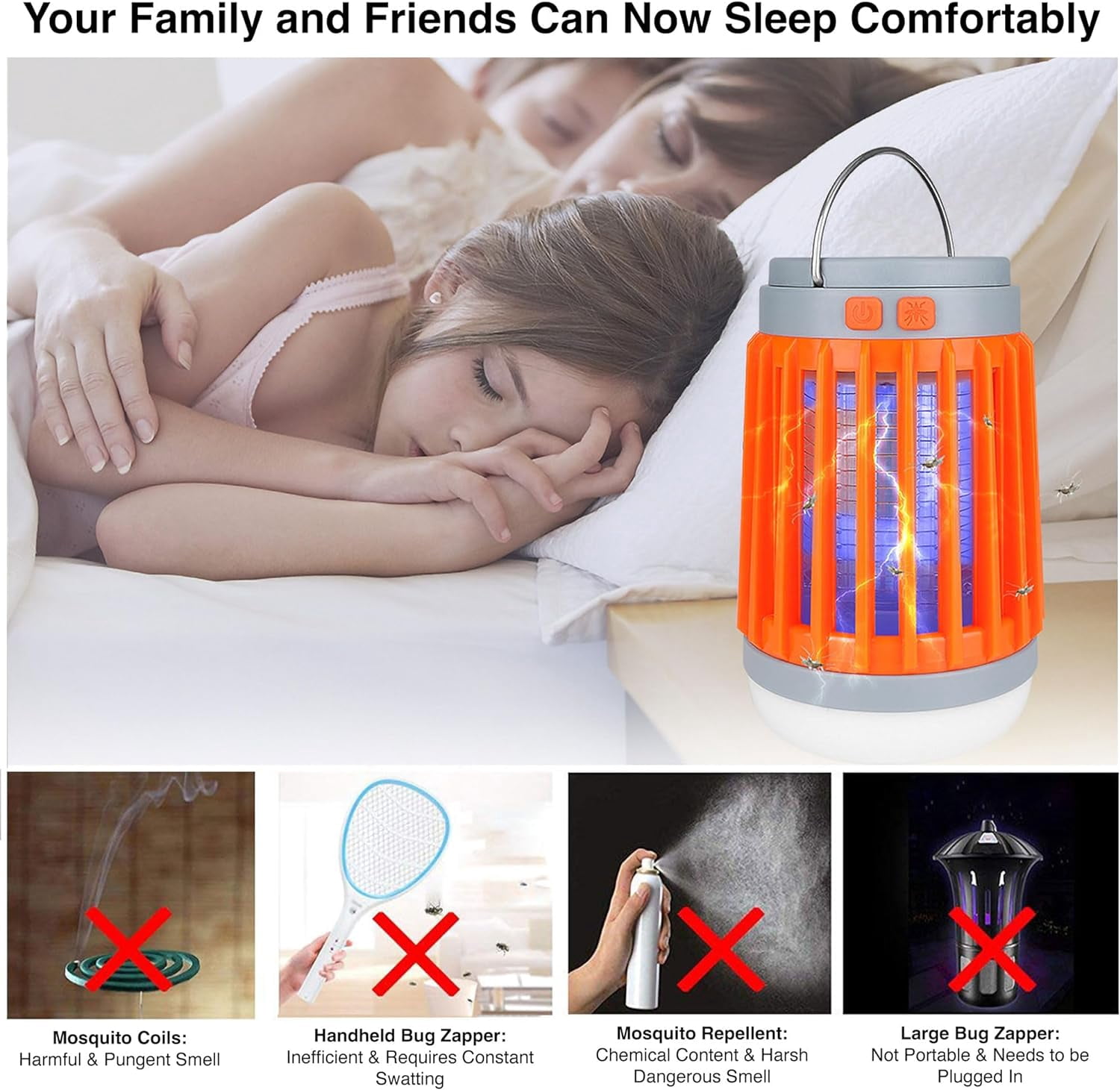 Fuzebug Rechargeable Bug Zapper Outdoor and Indoor BuzzBug Mosquito Zapper Buzzbug Mosquito Light Cordless Bug Zapper Mini Bug Zapper Bulb Solar Flashlight Camping Bug Zapper LED Light (Orange)