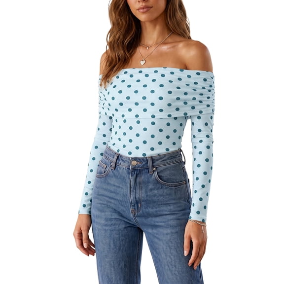 Women's Off Shoulder Polka Dot Long Sleeve Slim Fit T Shirt S