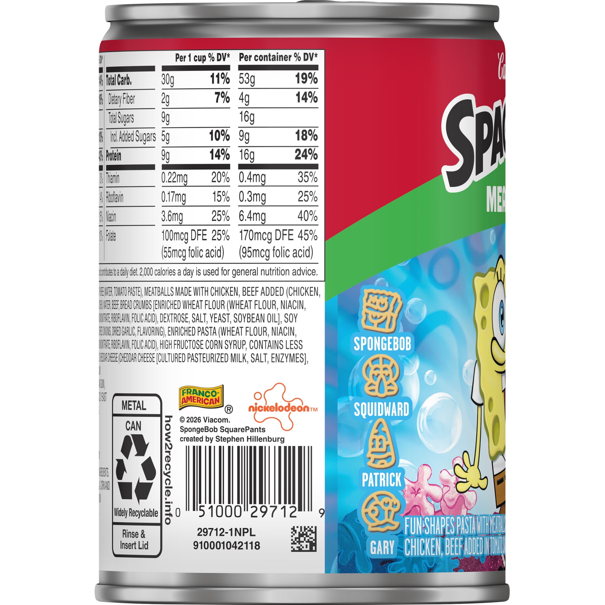 Campbell's SpaghettiOs SpongeBob Canned Pasta with Meatballs, 15.6 oz Can
