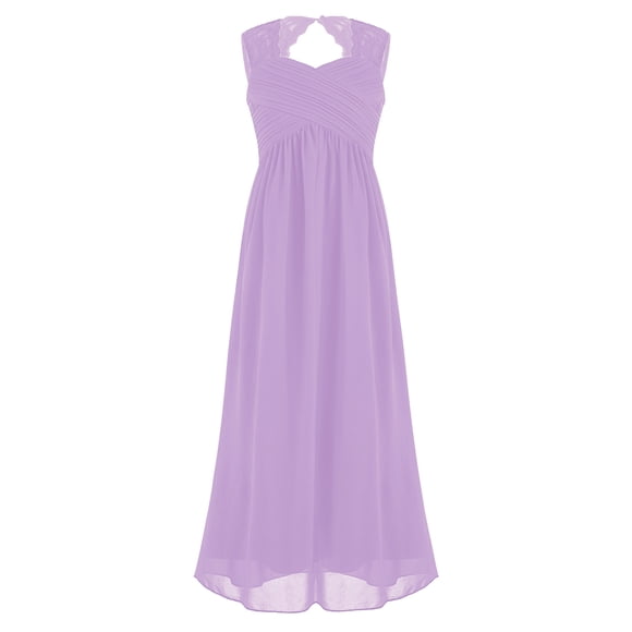YONGHS Robe de Demoiselle d'Honneur pour Fille Sans Manches Mariage Fête Longue Robe en Dentelle Demoiselle d'Honneur Anniversaire Chiffon Coupe Évasée Lavande 16