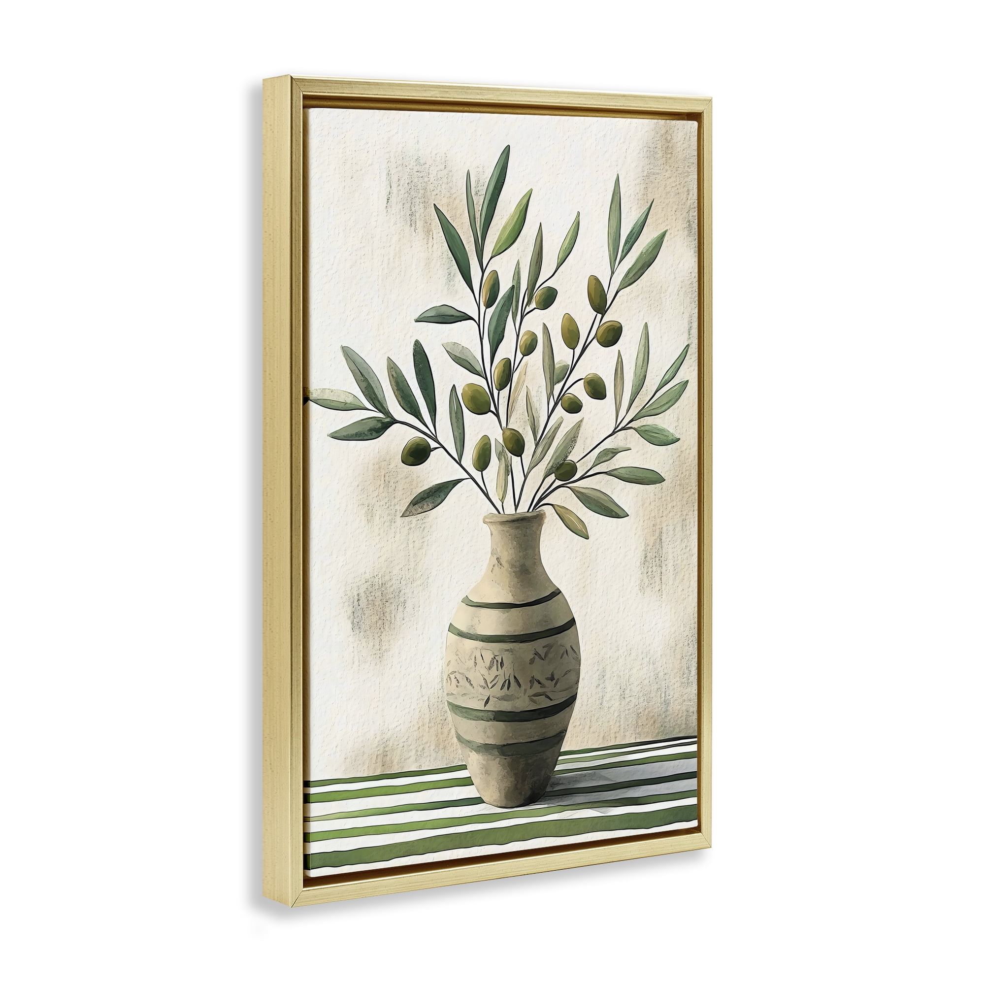 Stupell Industries Vase of Olive Branches Gold Framed Floater Canvas Wall Art, design by Creative Studio