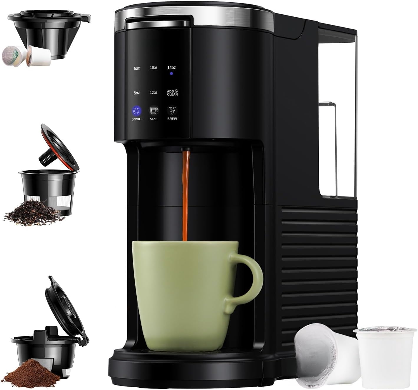 3 in 1 Single Serve Coffee Machine, K Cup Coffee Maker Compatible with Ground Coffee & Teas, 6 to 14oz Brew Sizes, 40oz Removable Water Tank, Descale Settings, Black