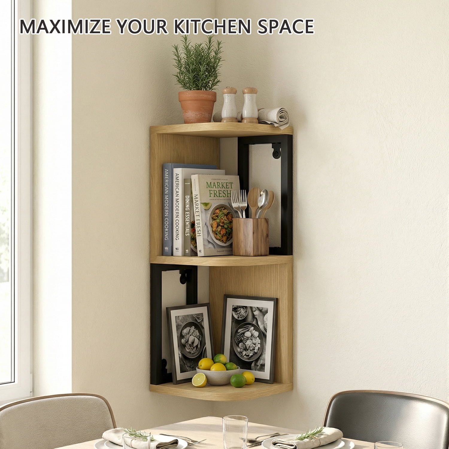 Demi Bonn L-Shaped Corner Wall Mounted Floating Shelves, Light Wood & Black Metal Frame, Invisible Bracket Anti-Sag Solid Wood Shelving for Bathroom Kitchen Living Room