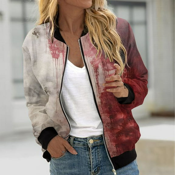 WXLWZYWL Womens Halloween Bomber Jacket Trendy Pumpkin Ghost Bat Spider Floral Print Casual Coat Zip Up Outerwear Windbreaker with Pockets Stand Collar Fall Clothes