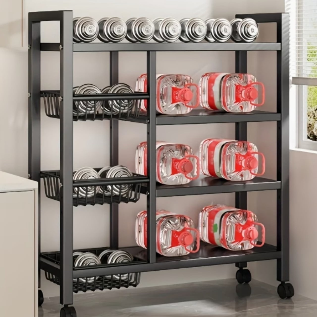 4-Tier Metal Heavy Duty Kitchen Rack, Mobile Utility Service Cart Kitchen Organizer Shelf with 3 Baskets, Organizer Shelves Storage Rack for Kitchen Garage