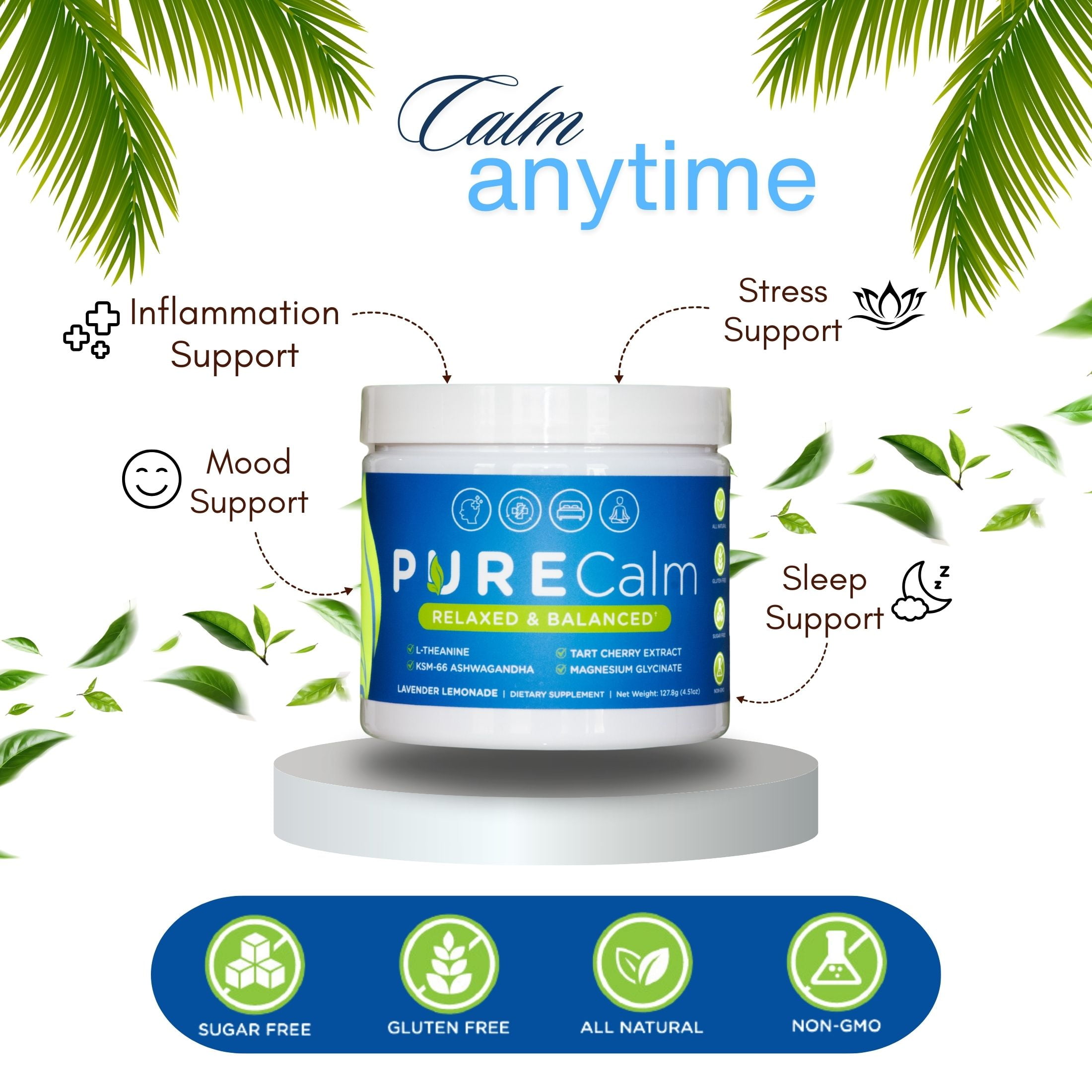 PURE Calm Stress Relief Drink Powder – Naturally Calm, Anytime – Lavender Lemonade, 30 Servings