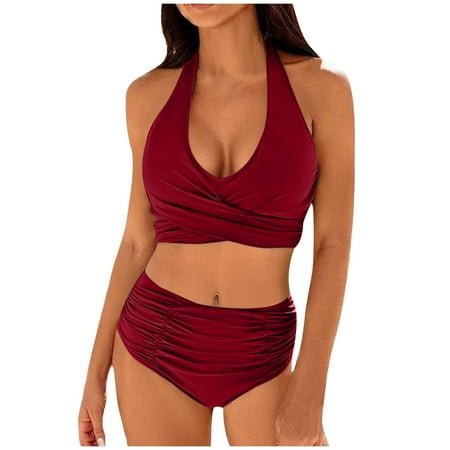 2025 Women High Waisted Bikini Sets Ruched Tummy Control Swimsuits Cute Cheeky Halter Two Piece Bathing Suit