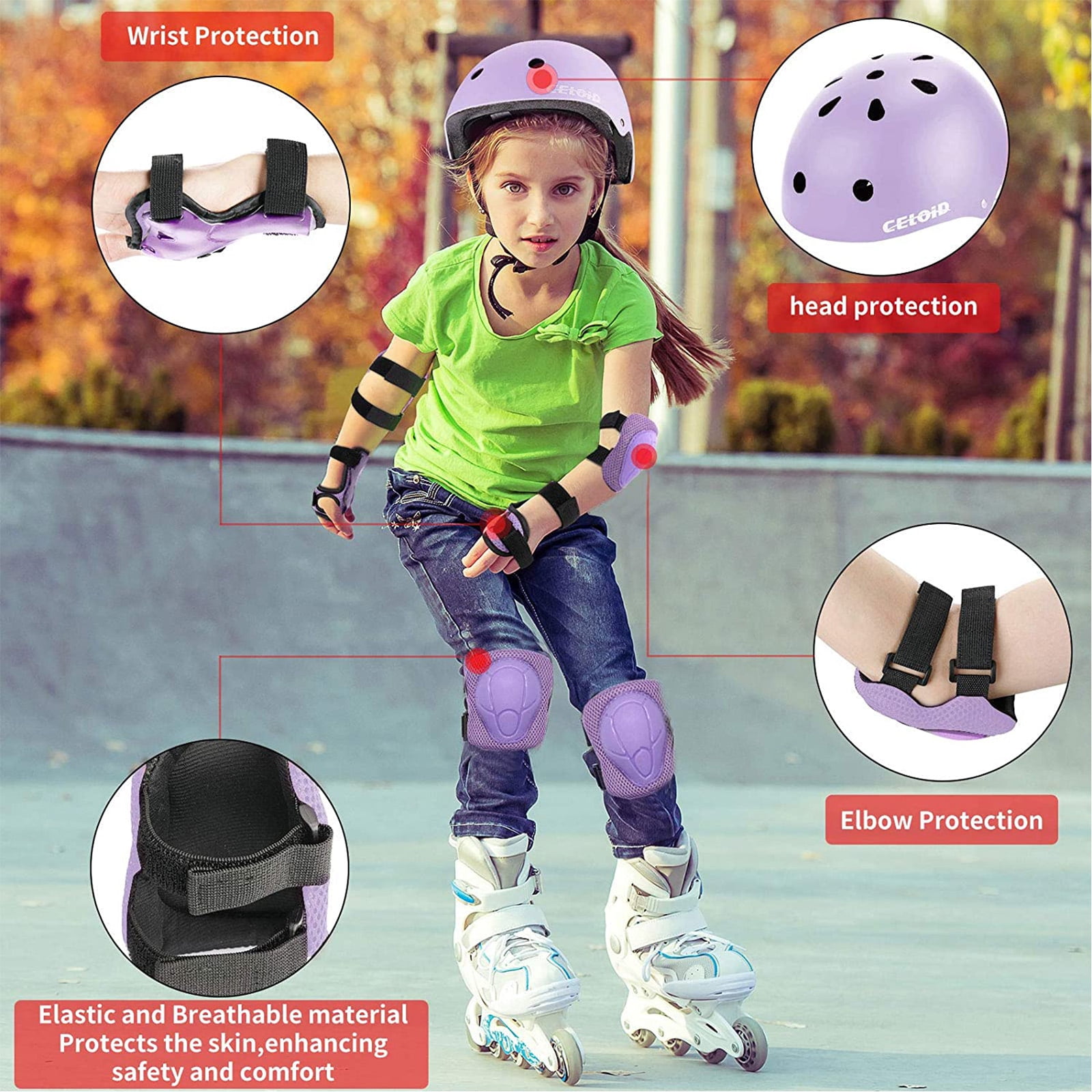BESTSKY 7 Pcs Kids Helmet and Protective Gear Set,Toddler Helmet with Knee Pads,Elbow Pads,Wrist Guards for Skateboarding,Cycling,and Scooters,Purple