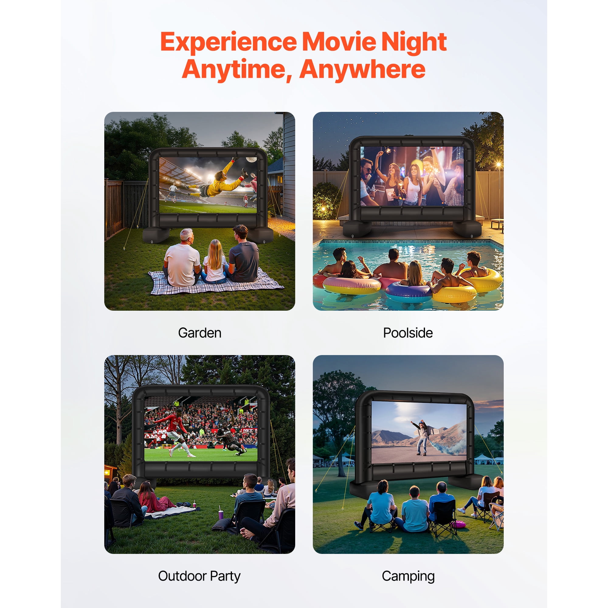 KFFKFF 14 ft Inflatable Movie Screen, 600D Washable Projector Screen with Carrying Bag, 16:9 Quick Setup for Outdoor Events, Home Theater, Parties, and Poolside Entertainment