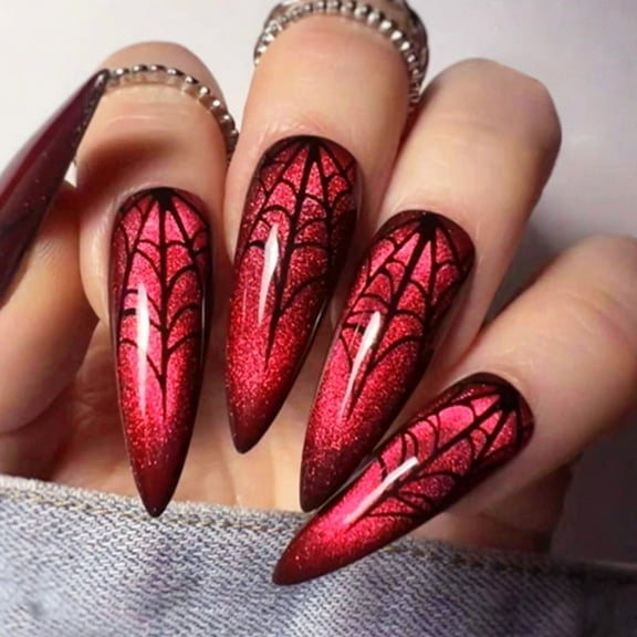 Halloween Wearable Nail Art - Red Cat's Eye Spider Web Long Pointed Nail Art Stickers