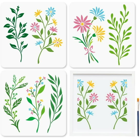 1 Set 3pcs Wildflower Leaf Stencils 11.8x11.8inch Weeds Wild Flower Grass Painting Stencil with Paint Brush Spring Garden Flower Vine Stencils for Wood Fabric Wall Window DIY Craft
