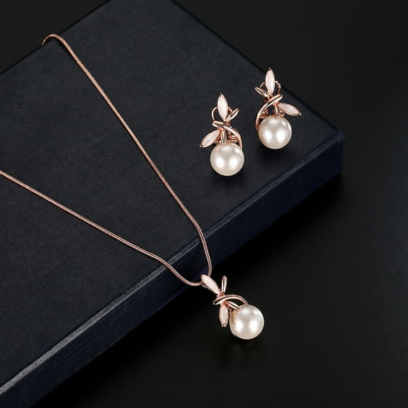 Eosunjian 1 Set Women Necklace Earrings Bowknot Faux Pearl Jewelry Plated Bow Stud Earrings Necklace for Festival Rose Gold