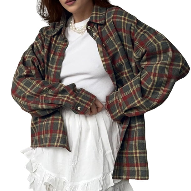 Camisas de Franela con Botones para Mujer, Camisas A Cuadros de Larga, Blusa Informal de Negocios. Cuadros Naranja Rojo S