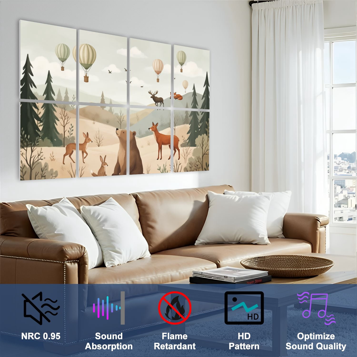 8 Pack Art Acoustic Panels Sound Absorbing Cute Forest Animals Hot Air Balloons Pastel Hills Decorative Soundproof Wall Panels Self Adhesive for Nursery Game Room Bedroom 48"x32"